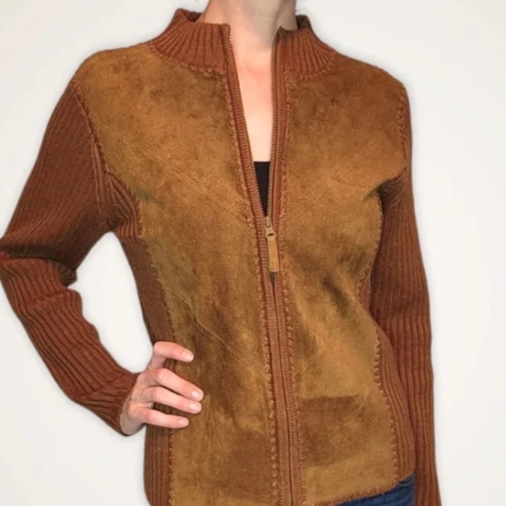 Vintage 90s brown ribbed knit Leather-Front zip up sweater jacket size small